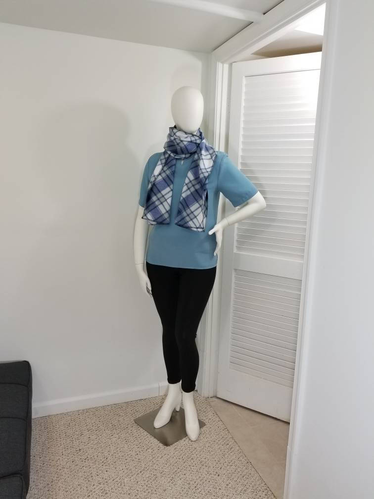White and blue fleece plaid scarf