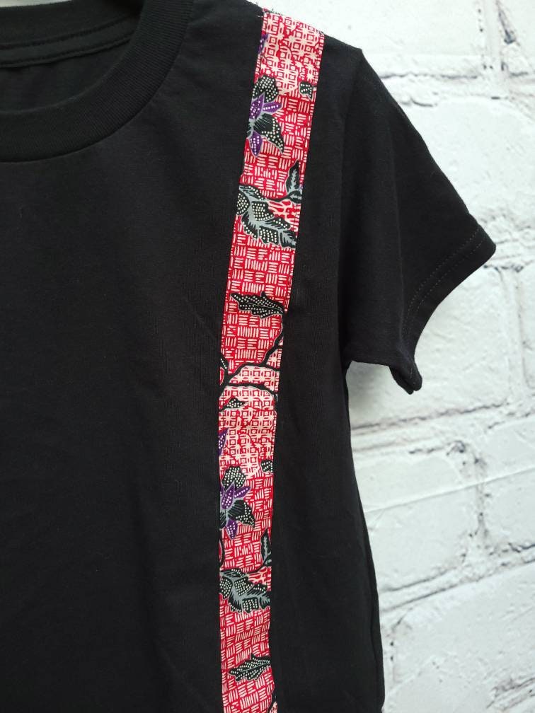 Kid's 6T ankara T-shirt unisex black with red purple African print kitenge band
