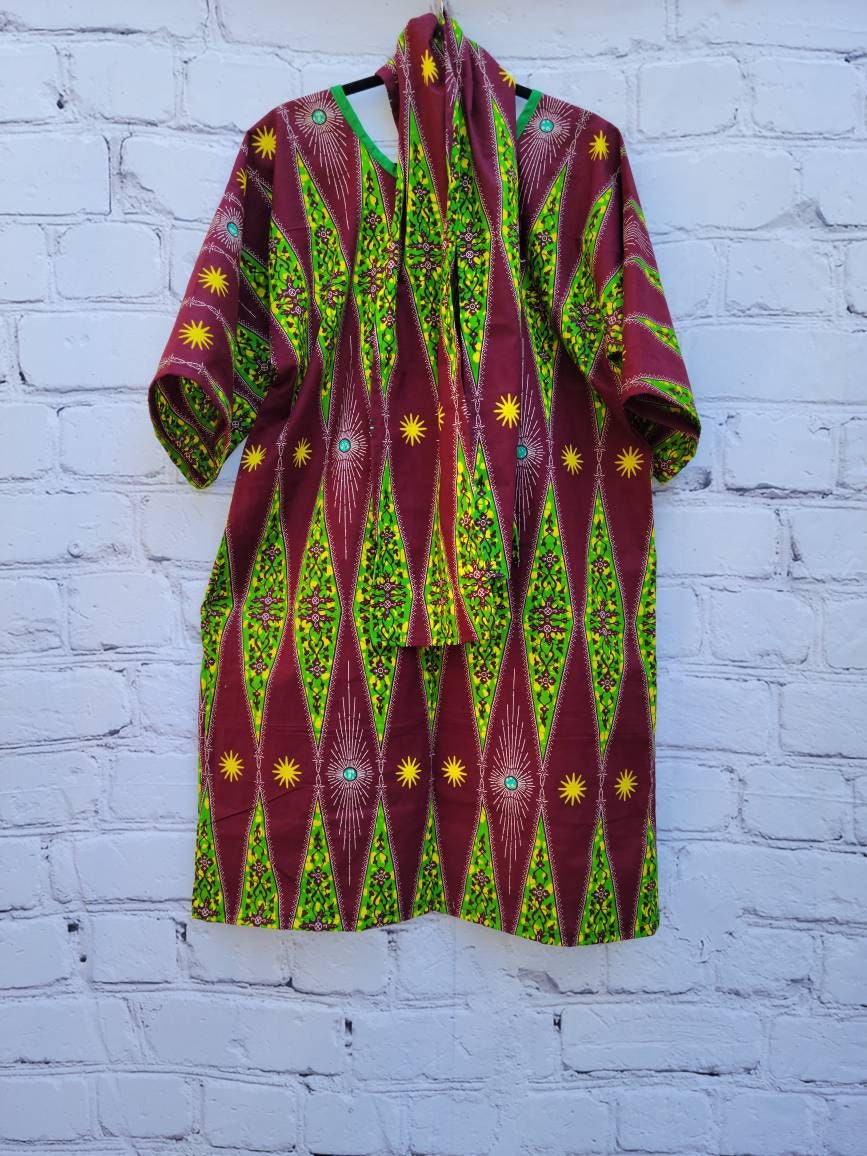 Ankara tunic dress dolman sleeve African Print Kitenge with scarf belt A-line - maroon green yellow cotton 3/4 sleeve (US Size 4-8)