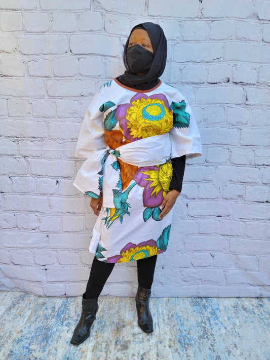 Ankara tunic dress dolman sleeve African Print Kitenge with scarf belt A-line - white brown purple flowers cotton 3/4 sleeve (US Size 4-8)