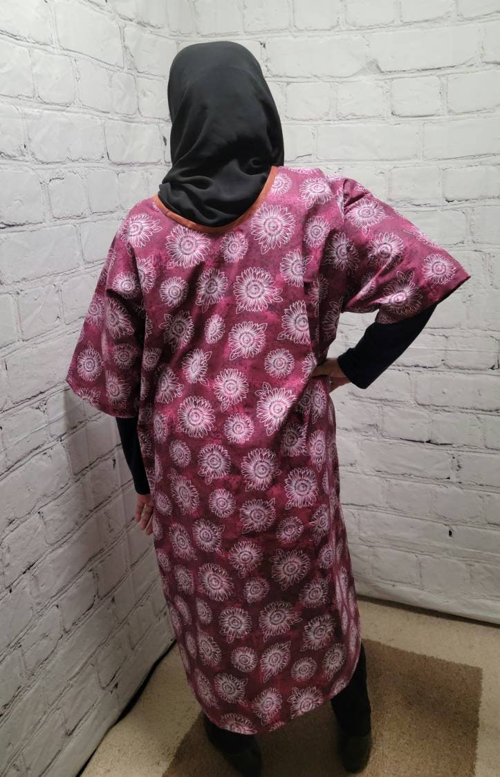 Cotton tunic dress US 10 to US 14 dolman sleeve A-line purple magenta white floral flowers 3/4 sleeve