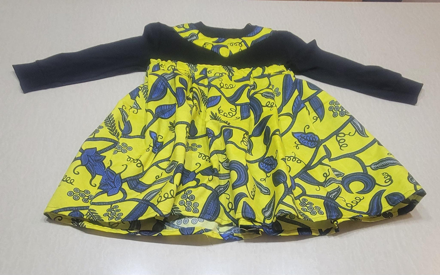 Girls' black long-sleeve tshirt with blue&yellow skirt attachment 5T -6T
