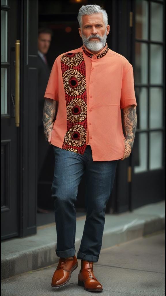 Men's linen blend shirt-peach-orange with red & orange African print- size XL