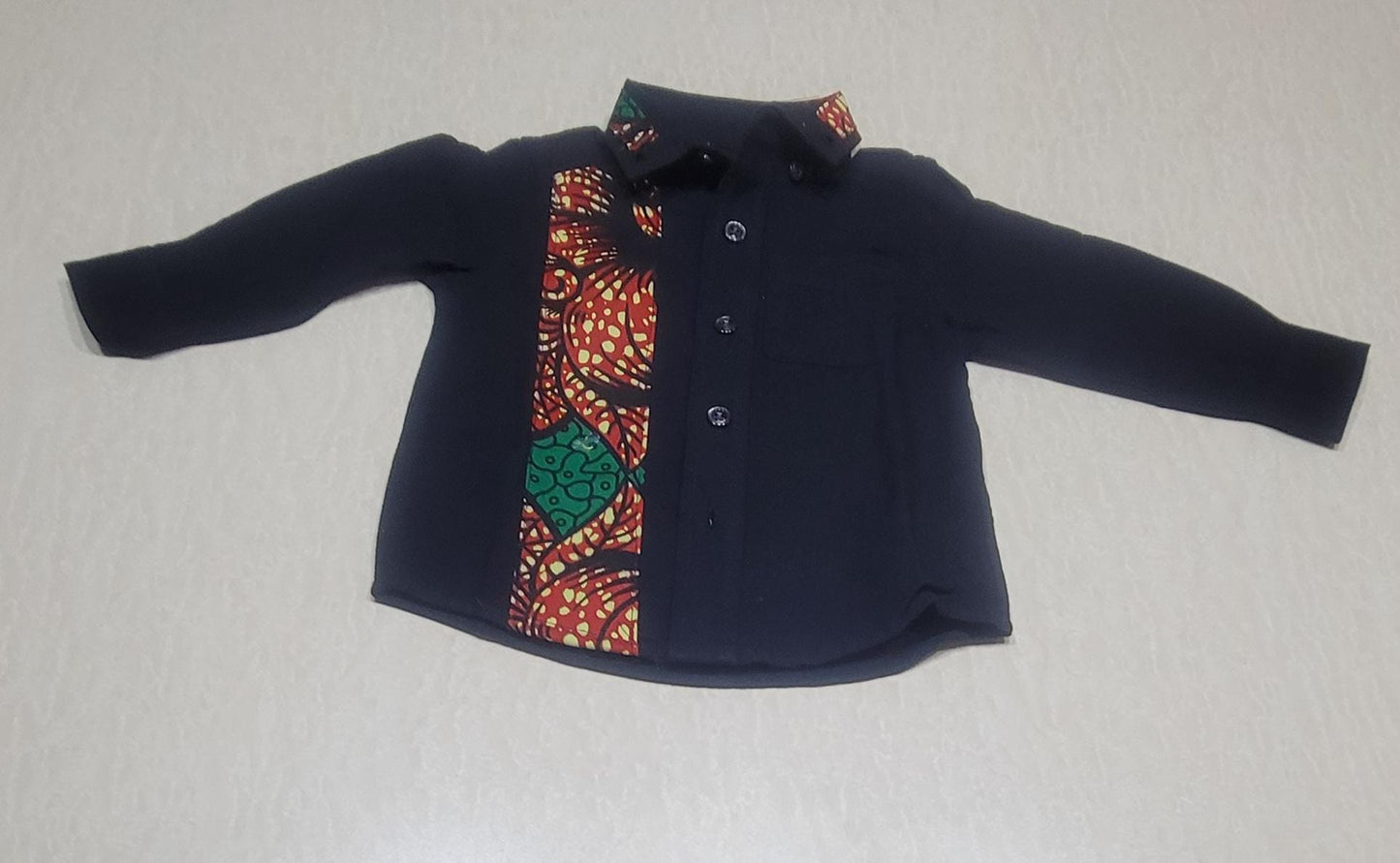 Black button down boys' shirt with green & brown african print 3T