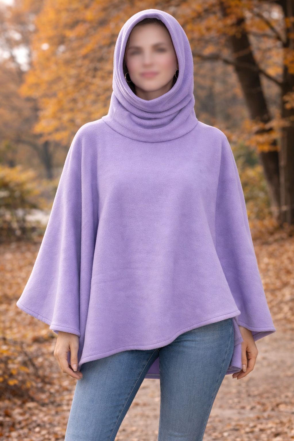 Fleece cowl neck poncho with convertible hood