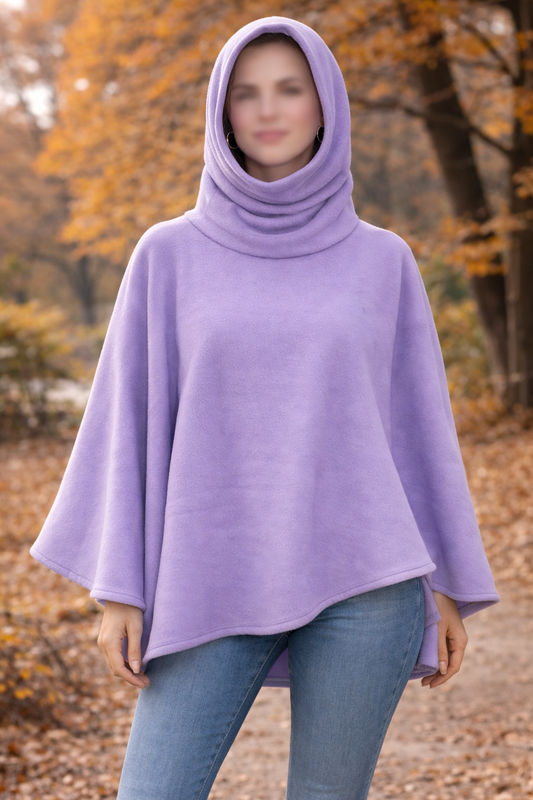 Fleece cowl neck poncho with convertible hood