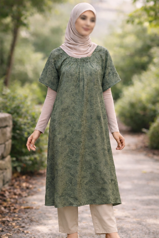 Gathered Neck Modest Dress – Relaxed A-Line Design- wholesale