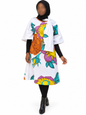 Ankara tunic dress dolman sleeve African Print Kitenge with scarf belt A-line - white brown purple flowers cotton 3/4 sleeve (US Size 4-8)