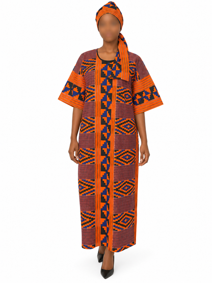 Kente dress w/ scarf dolman sleeve African print kitenge blue and orange cotton (US size 14-20)