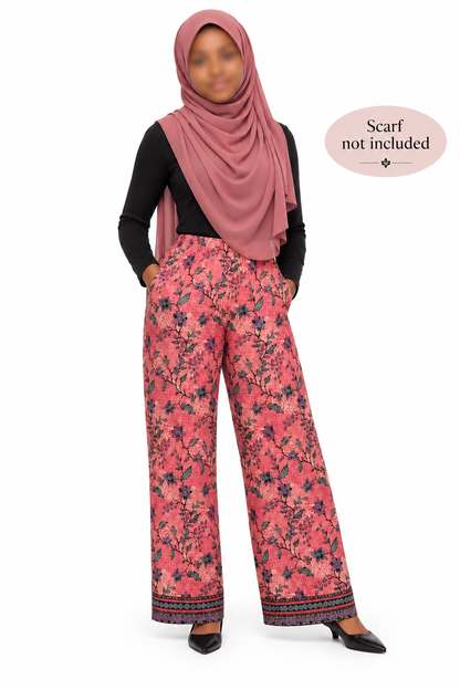 Palazzo summer pants; African print ankara kitenge, red purple floral, elastic waist, belt loop, pockets, straight leg wide, US 4 18, S, XL