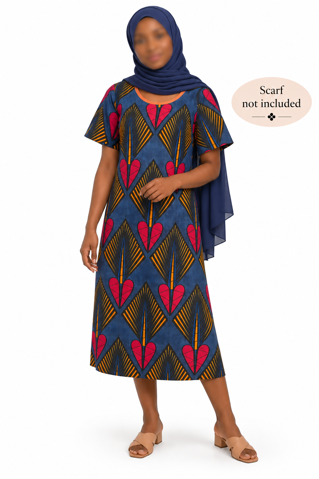 Ankara dress raglan sleeve A-line African print kitenge Red hearts and orange diamonds on blue background cotton (US Size 4)