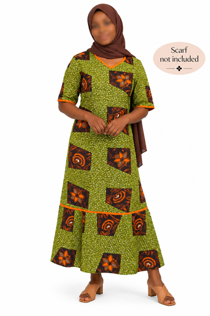 Ankara dress short sleeve African print kitenge Burnt orange and olive green cotton (size L; US 10)