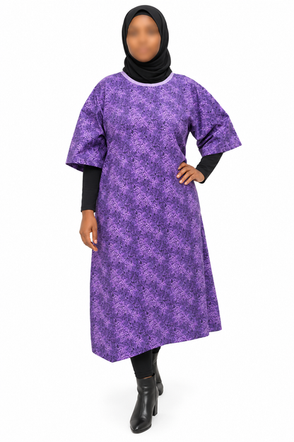Cotton tunic dress US 16 to US 20 dolman sleeve A-line purple lilac 3/4 sleeve