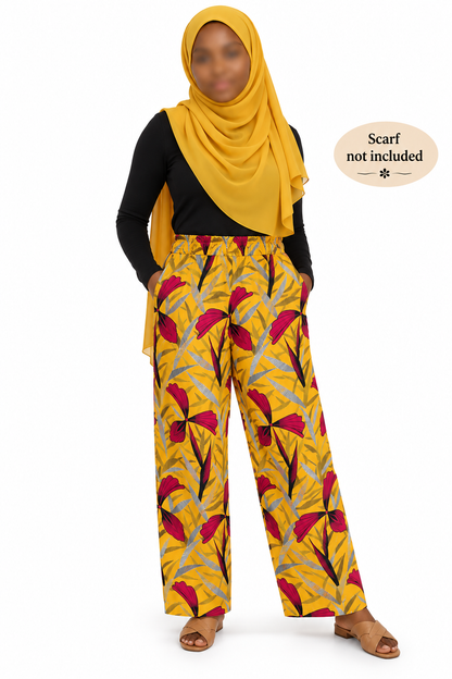 Palazzo summer pants; African print ankara kitenge, red yellow floral, elastic waist, belt loop, pockets, straight leg wide, US  12 L