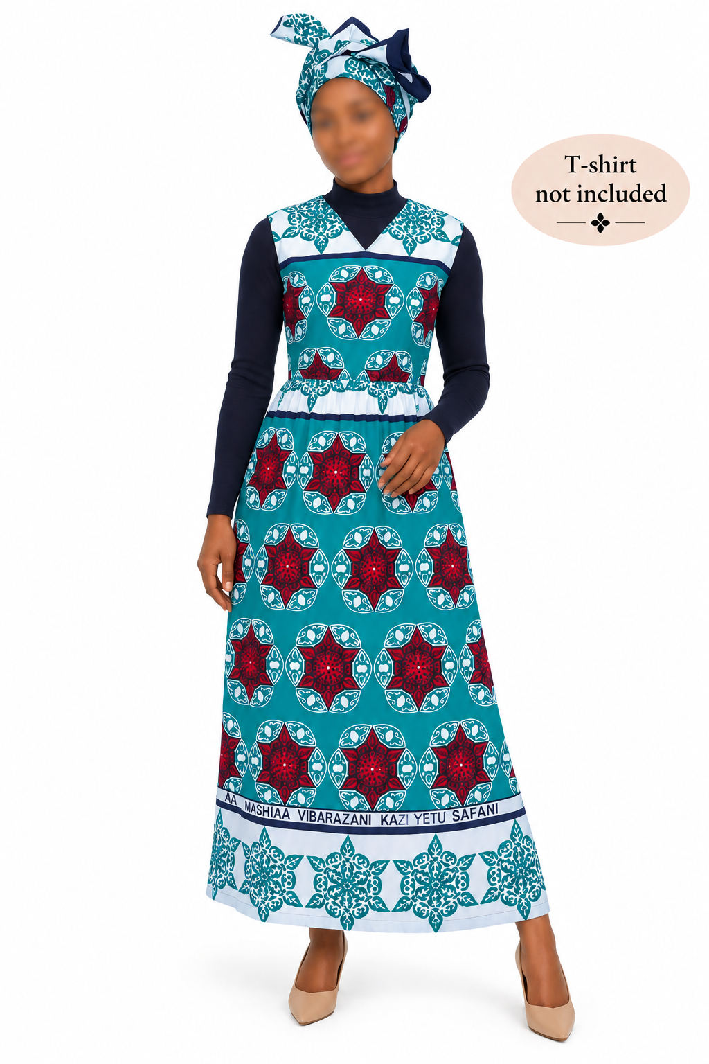 Leso dress w/ wrap sleeveless swahili African print kitenge Aqua with Stars head wrap cotton scarf (size S; US 6)