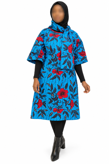 Ankara tunic dress dolman sleeve African Print Kitenge with scarf belt A-line - blue red flowers cotton 3/4 sleeve (US Size 4-8)