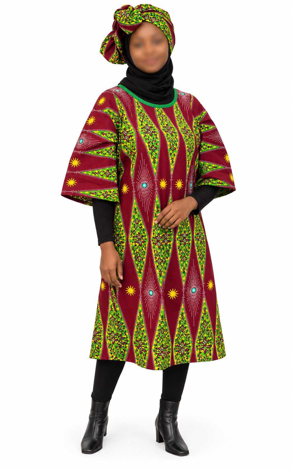 Ankara tunic dress dolman sleeve African Print Kitenge with scarf belt A-line - maroon green yellow cotton 3/4 sleeve (US Size 4-8)
