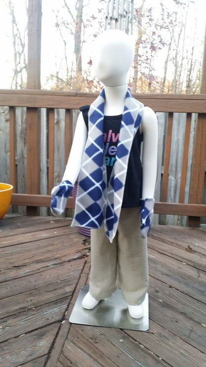 Fleece Blue and Gray Argyle Children's Mittens