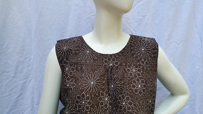 Sleeveless tunic cotton blouse brown with white flowers (size M; US 8)
