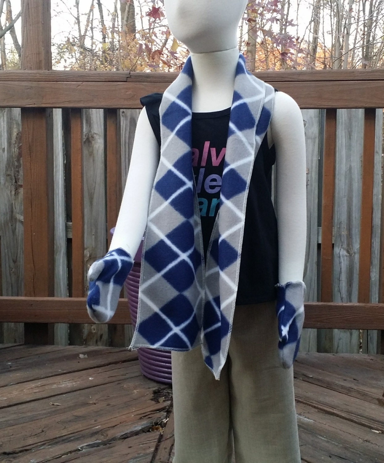 Fleece Blue and Gray Argyle Children's Scarf