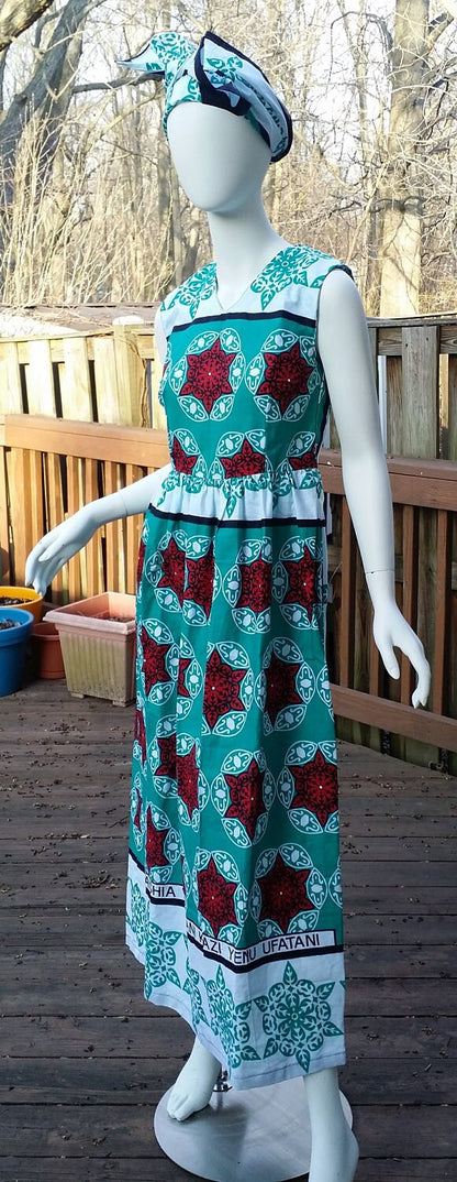 Leso dress w/ wrap sleeveless swahili African print kitenge Aqua with Stars head wrap cotton scarf (size S; US 6)