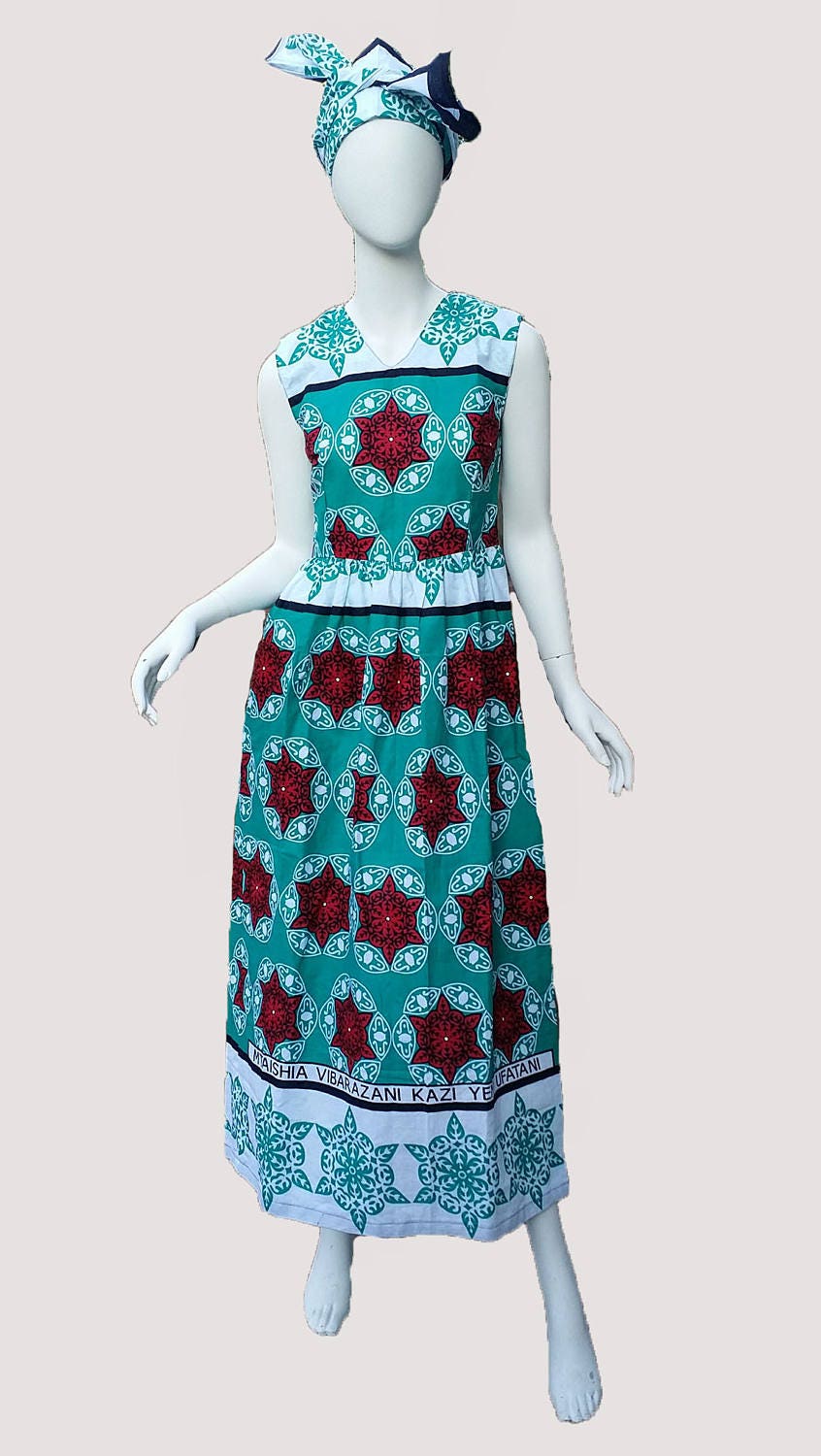 Leso dress w/ wrap sleeveless swahili African print kitenge Aqua with Stars head wrap cotton scarf (size S; US 6)