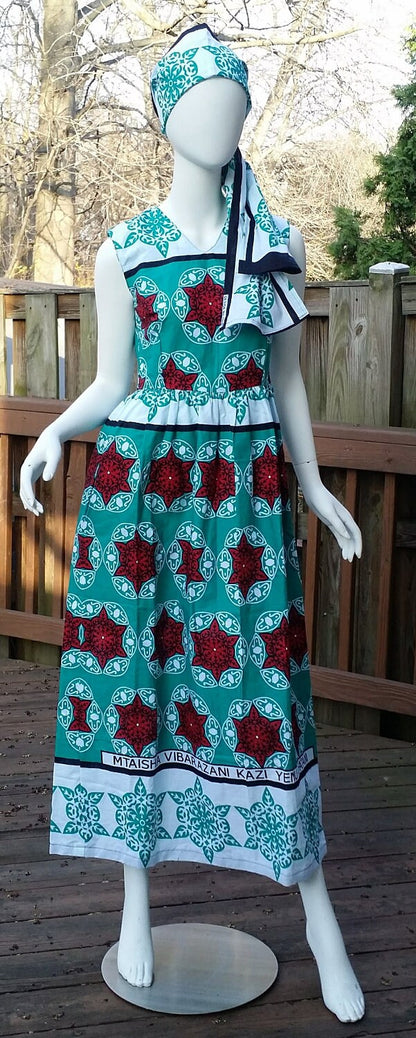 Leso dress w/ wrap sleeveless swahili African print kitenge Aqua with Stars head wrap cotton scarf (size S; US 6)