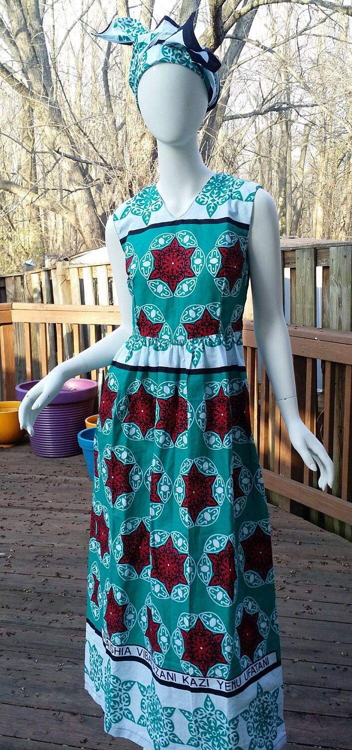 Leso dress w/ wrap sleeveless swahili African print kitenge Aqua with Stars head wrap cotton scarf (size S; US 6)