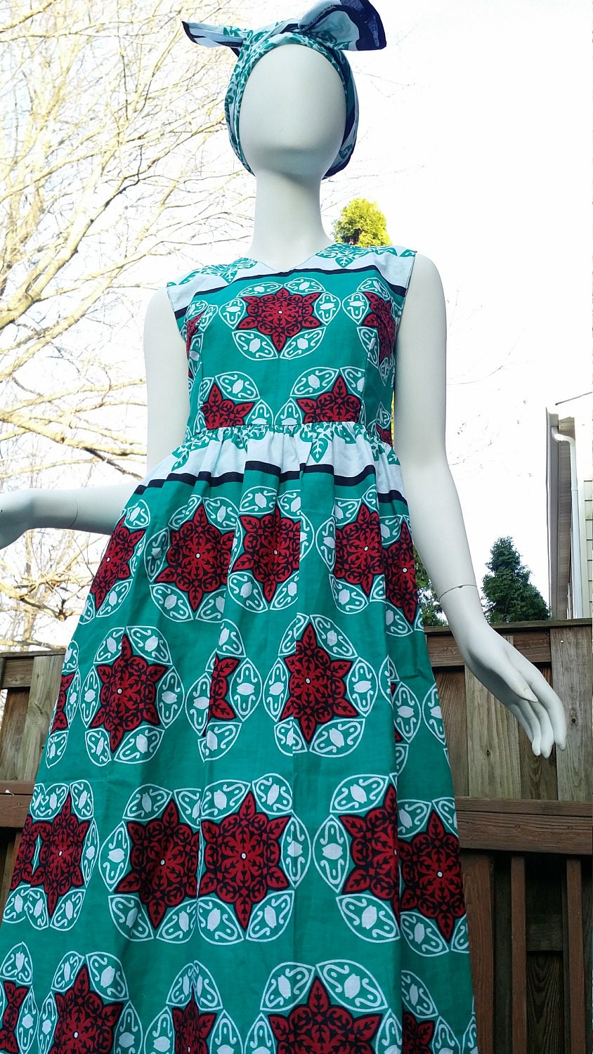 Leso dress w/ wrap sleeveless swahili African print kitenge Aqua with Stars head wrap cotton scarf (size S; US 6)