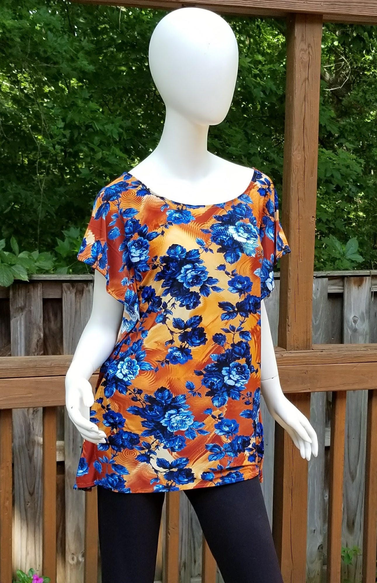 Stretch jersey tunic blouse top caftan kaftan floral orange and blue polyester (size S; US 6)