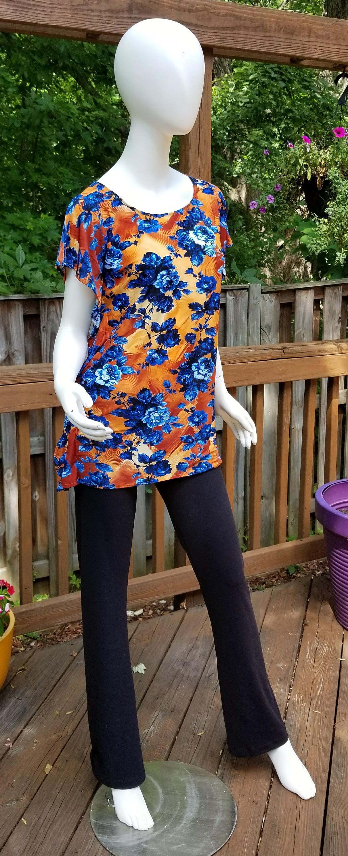 Stretch jersey tunic blouse top caftan kaftan floral orange and blue polyester (size S; US 6)