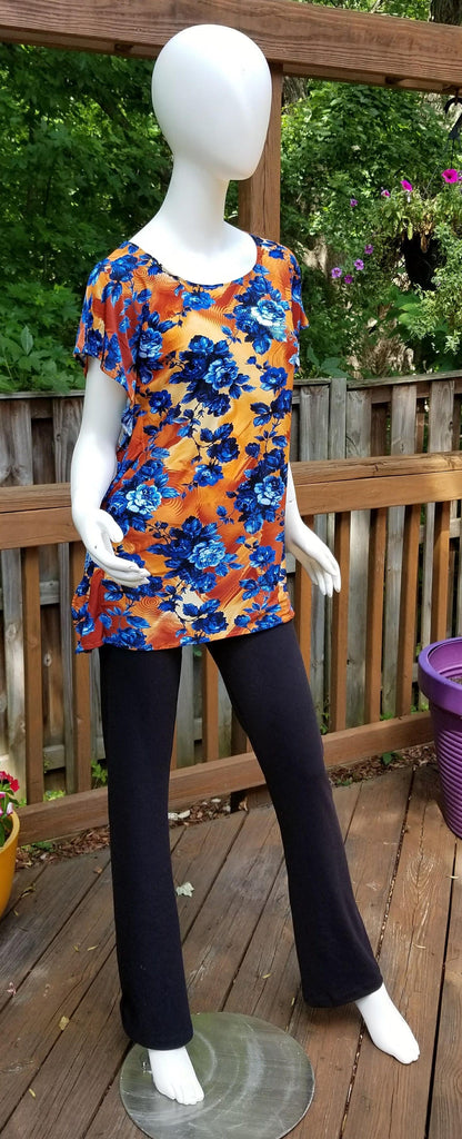 Stretch jersey tunic blouse top caftan kaftan floral orange and blue polyester (size S; US 6)