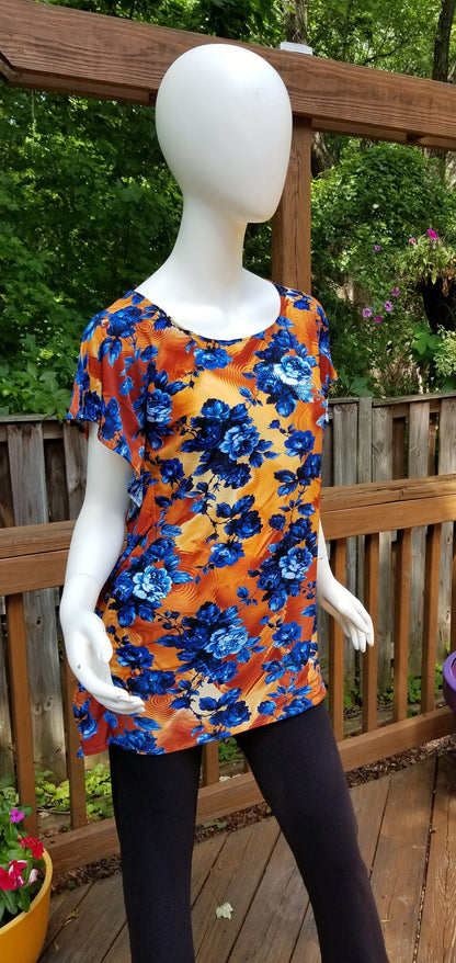 Stretch jersey tunic blouse top caftan kaftan floral orange and blue polyester (size S; US 6)