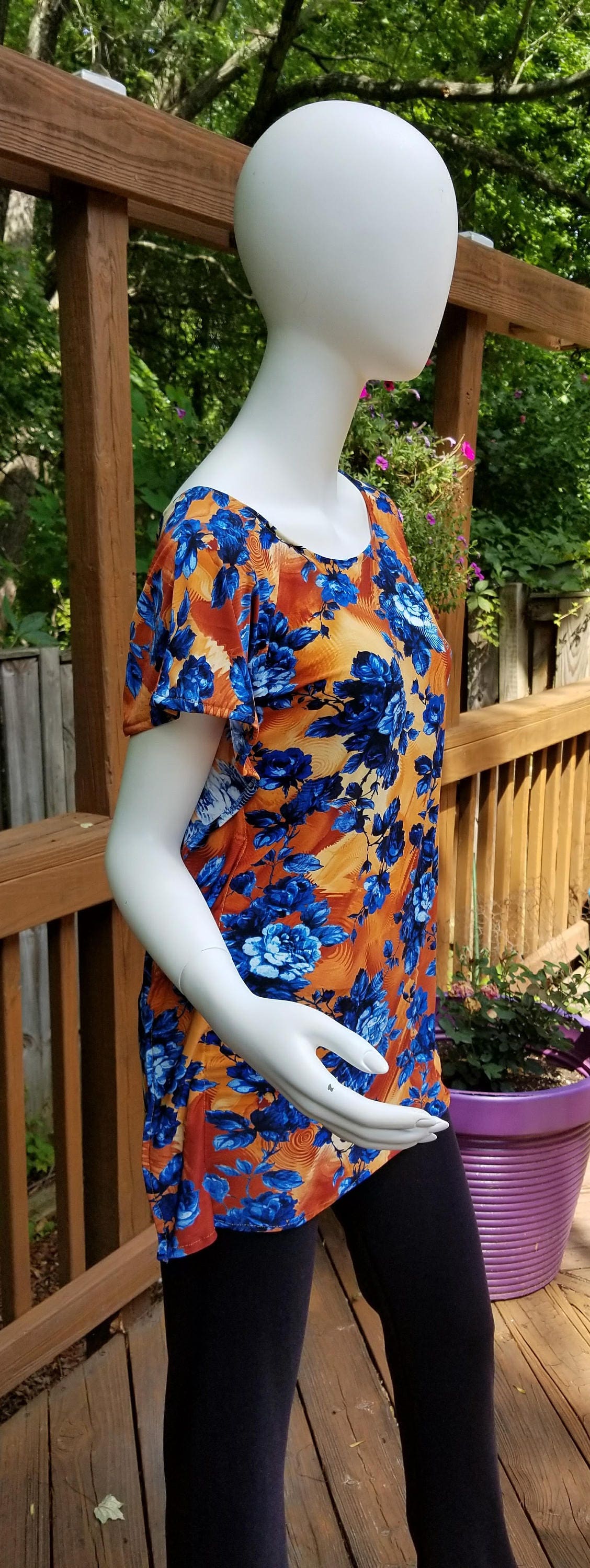 Stretch jersey tunic blouse top caftan kaftan floral orange and blue polyester (size S; US 6)