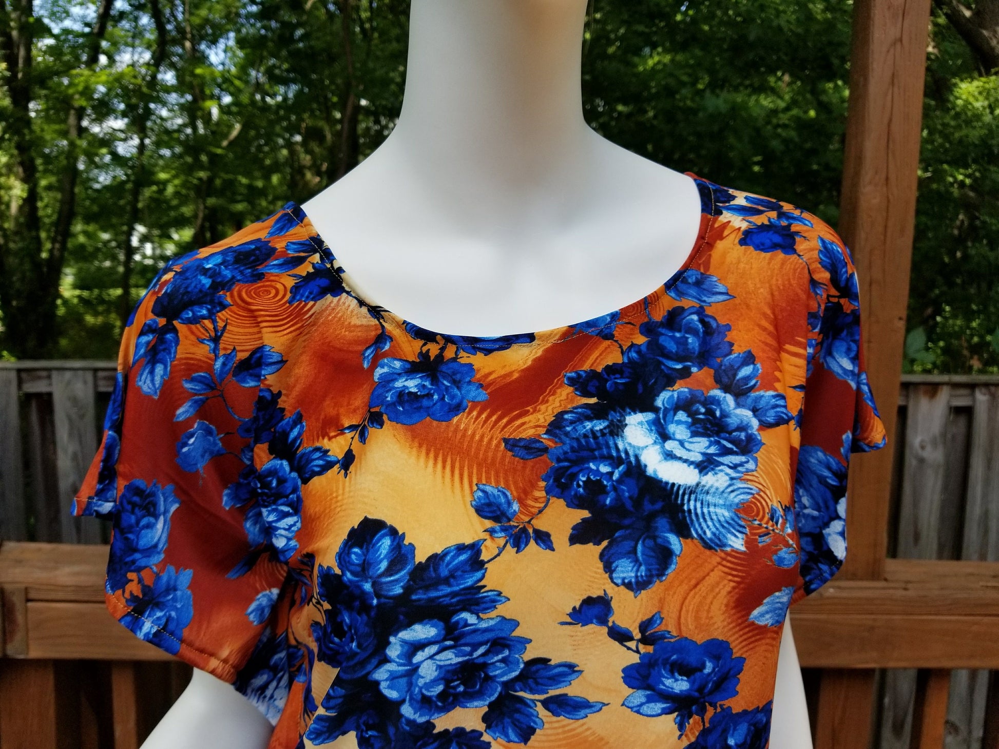 Stretch jersey tunic blouse top caftan kaftan floral orange and blue polyester (size S; US 6)