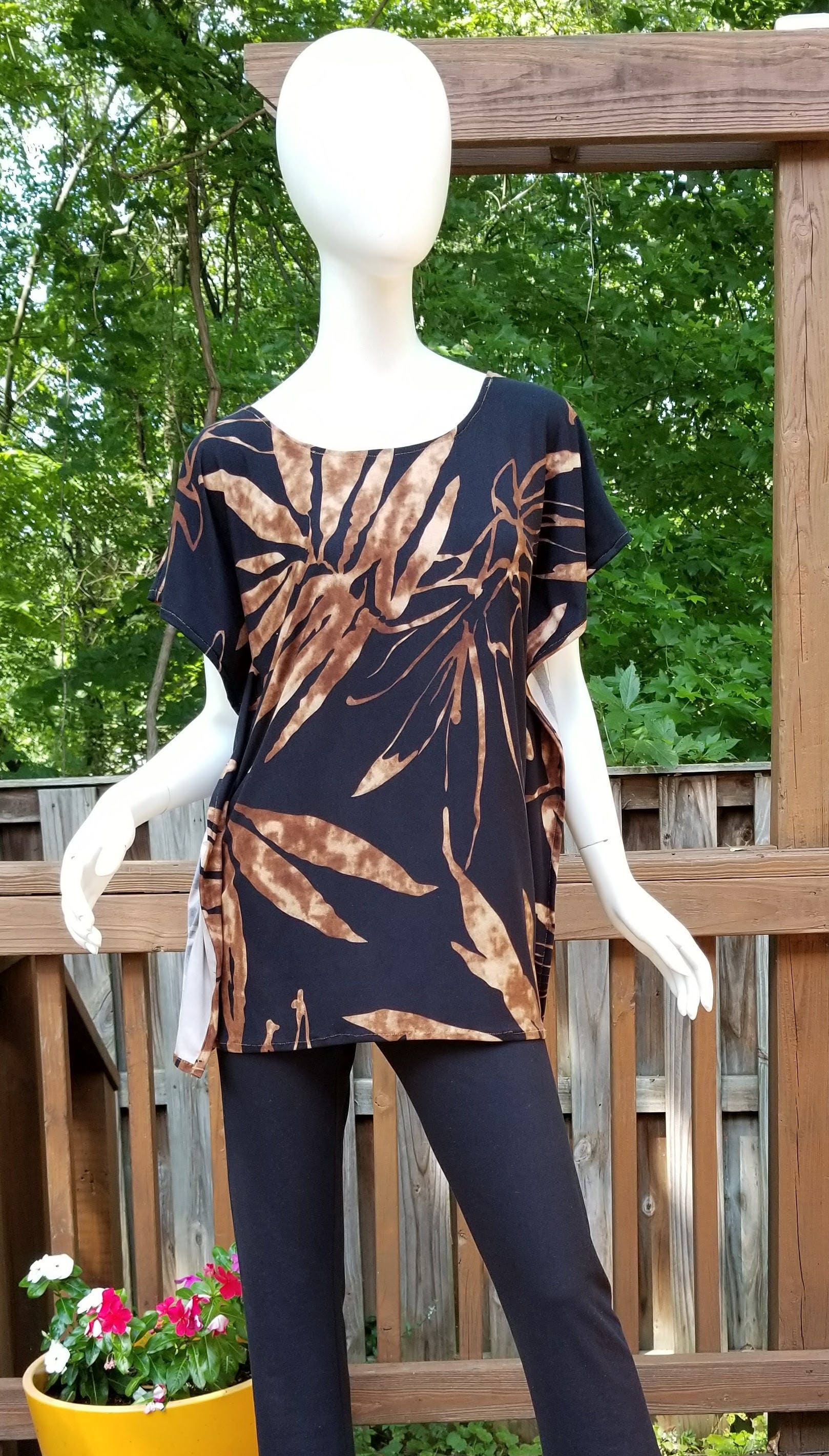 Stretch jersey tunic blouse top caftan kaftan brown and black polyester (size S; US 6)