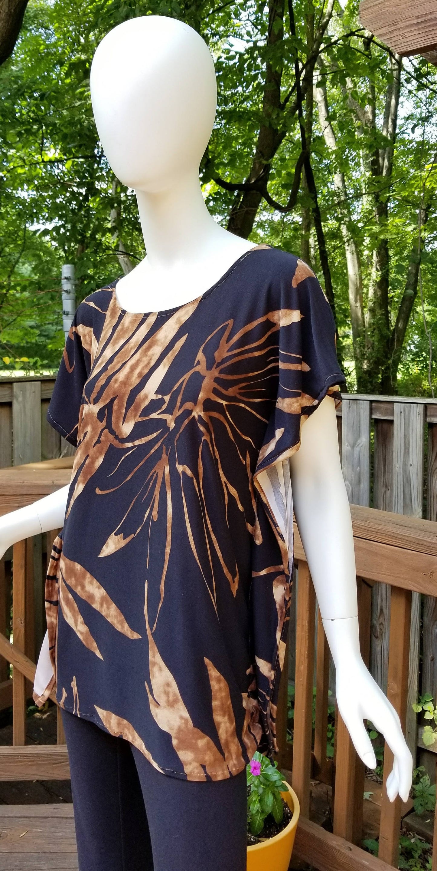 Stretch jersey tunic blouse top caftan kaftan brown and black polyester (size S; US 6)
