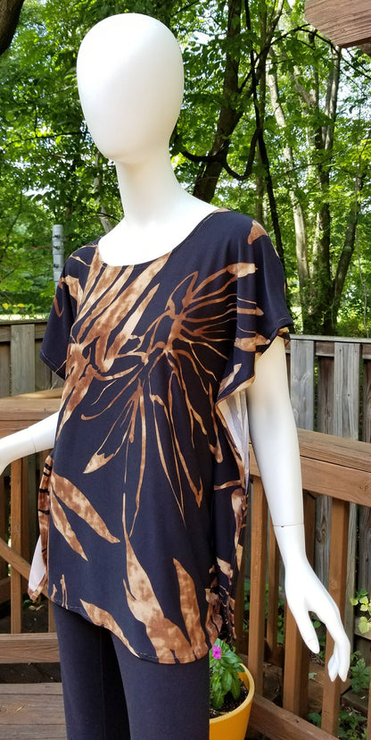 Stretch jersey tunic blouse top caftan kaftan brown and black polyester (size S; US 6)