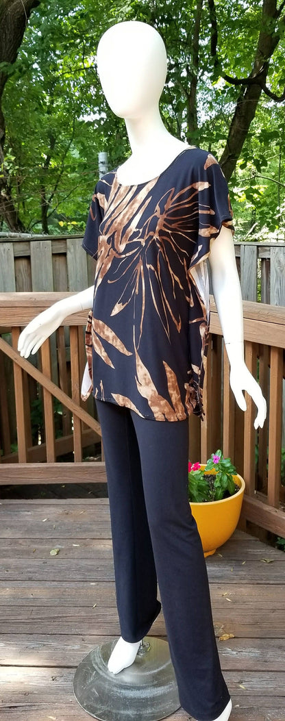 Stretch jersey tunic blouse top caftan kaftan brown and black polyester (size S; US 6)
