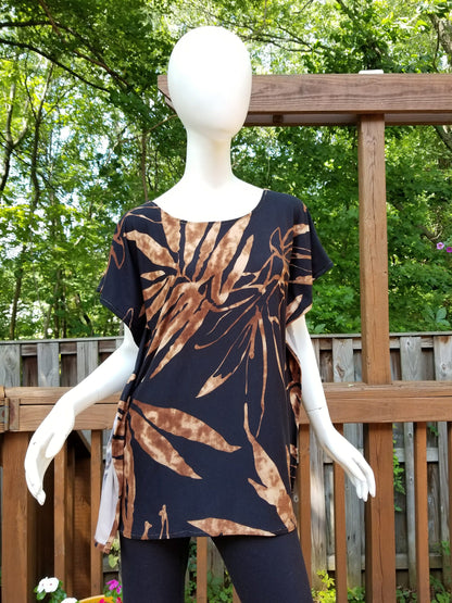 Stretch jersey tunic blouse top caftan kaftan brown and black polyester (size S; US 6)