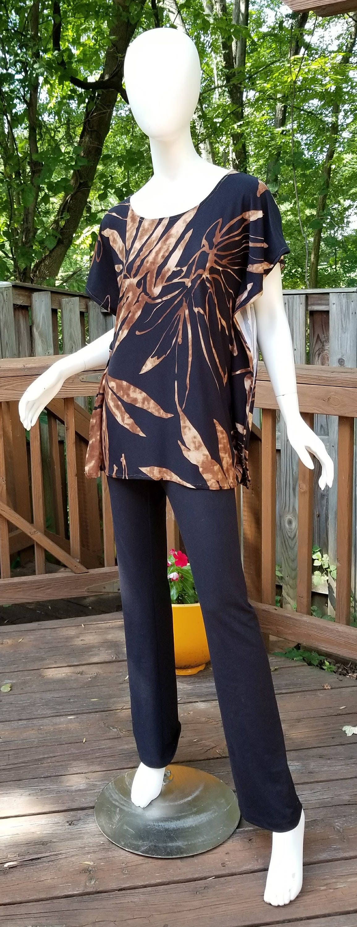 Stretch jersey tunic blouse top caftan kaftan brown and black polyester (size S; US 6)