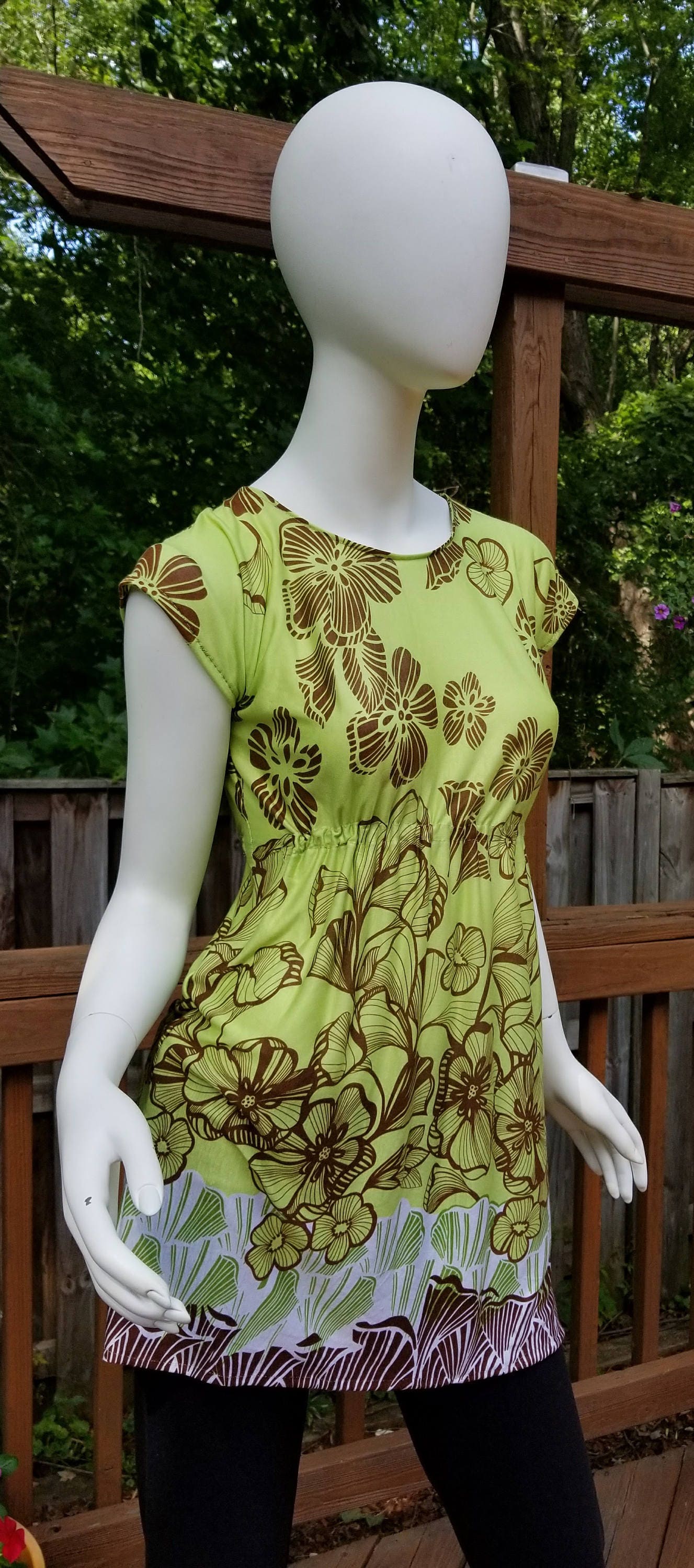 Stretch jersey tunic blouse top caftan kaftan floral green & brown polyester (size S; US 4-6)