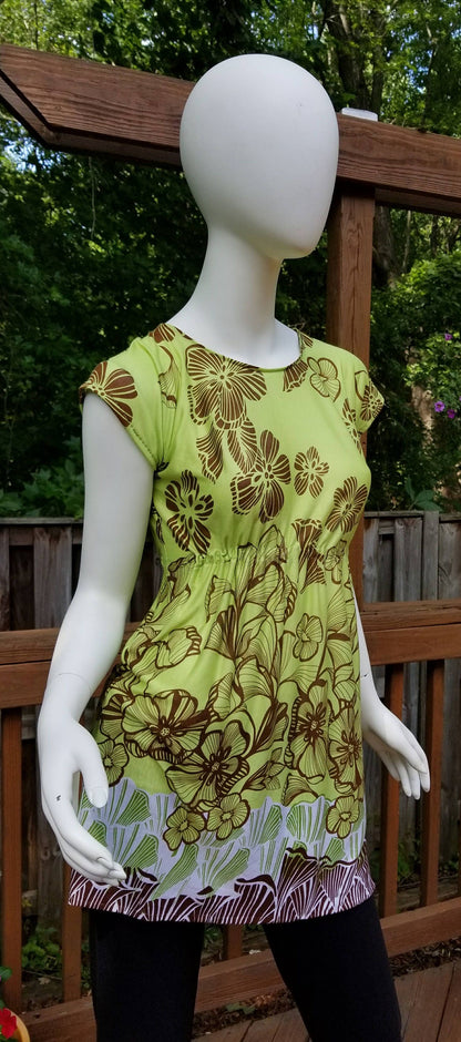 Stretch jersey tunic blouse top caftan kaftan floral green & brown polyester (size S; US 4-6)