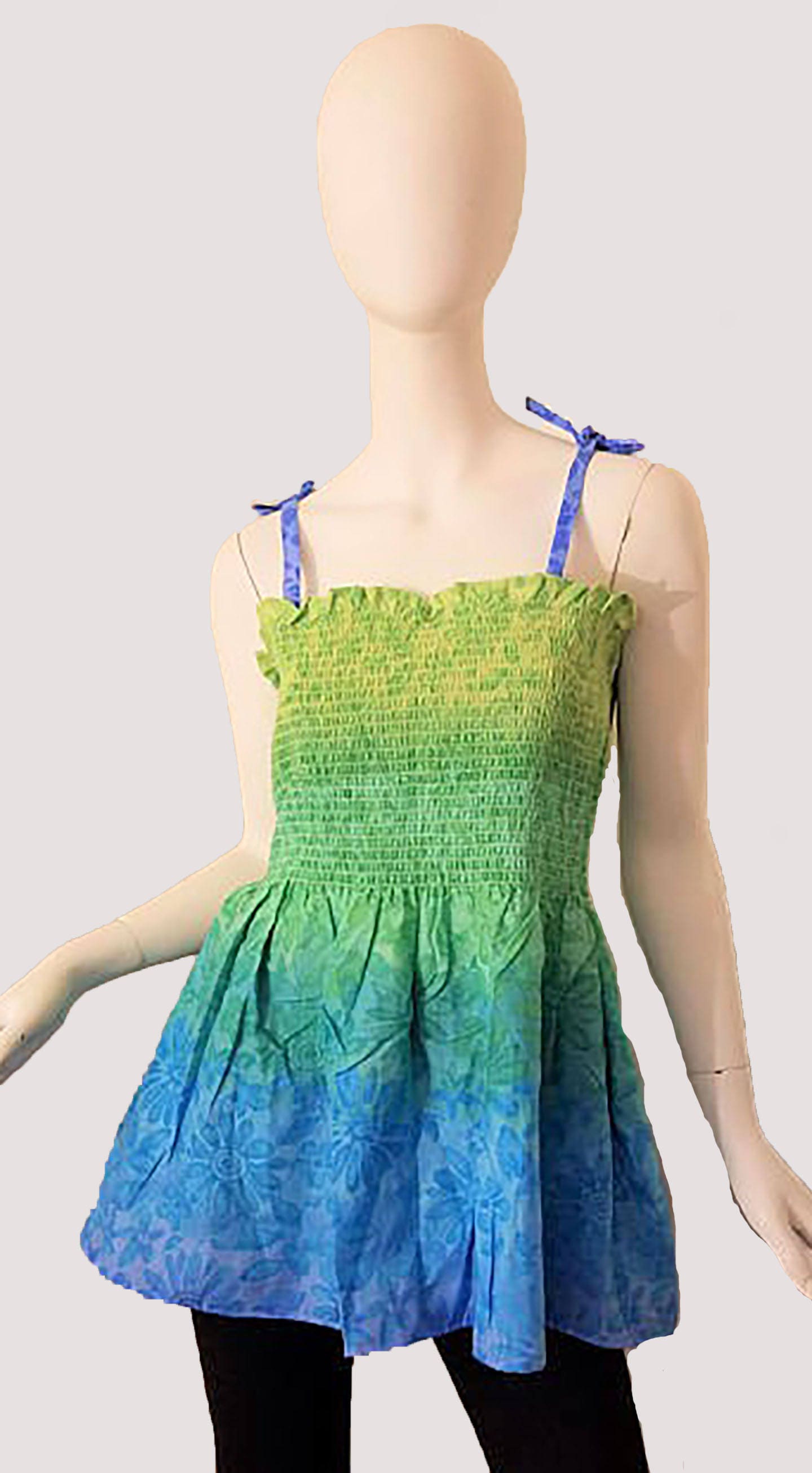 Shirred tunic blouse with straps top- gradient from pale green to pale purple (size S-M; US 6-8)