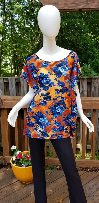 Stretch jersey tunic blouse top caftan kaftan floral orange and blue polyester (size S; US 6)