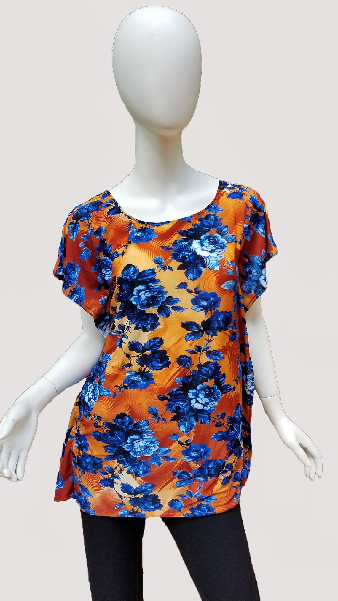 Stretch jersey tunic blouse top caftan kaftan floral orange and blue polyester (size S; US 6)