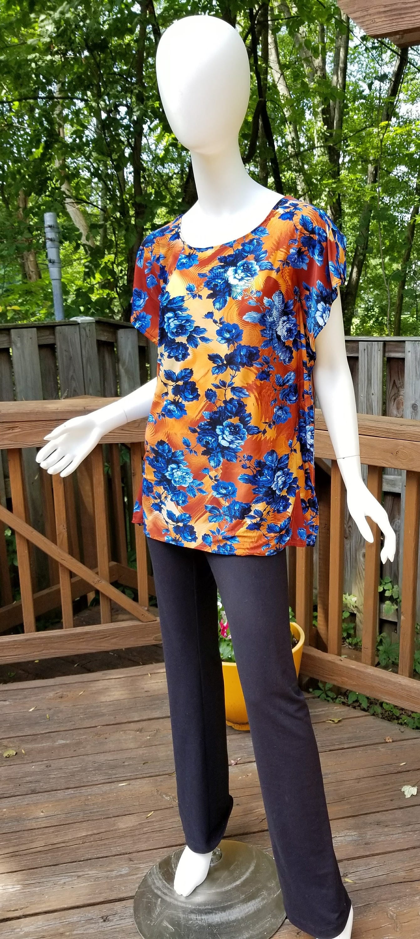 Stretch jersey tunic blouse top caftan kaftan floral orange and blue polyester (size S; US 6)