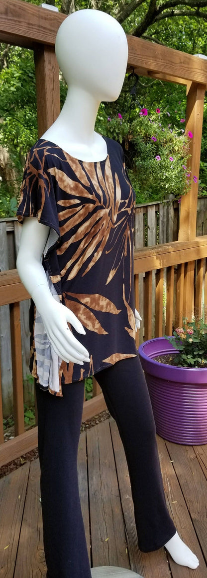 Stretch jersey tunic blouse top caftan kaftan brown and black polyester (size S; US 6)