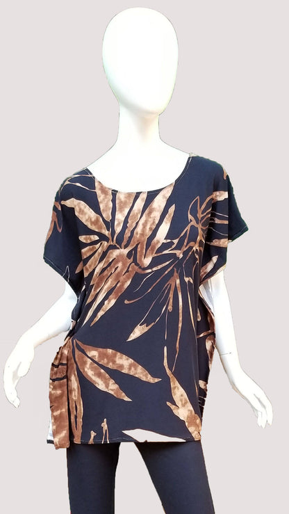 Stretch jersey tunic blouse top caftan kaftan brown and black polyester (size S; US 6)