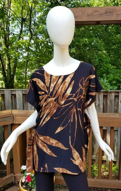Stretch jersey tunic blouse top caftan kaftan brown and black polyester (size S; US 6)